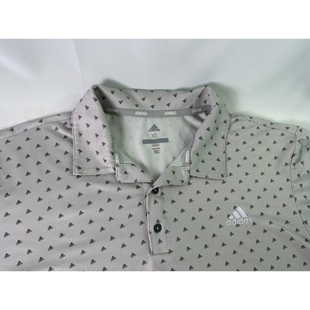 Adidas Golf Polo Shirt XL Mens Gray Triangle Logo All‎ Over Print S/s Activewear